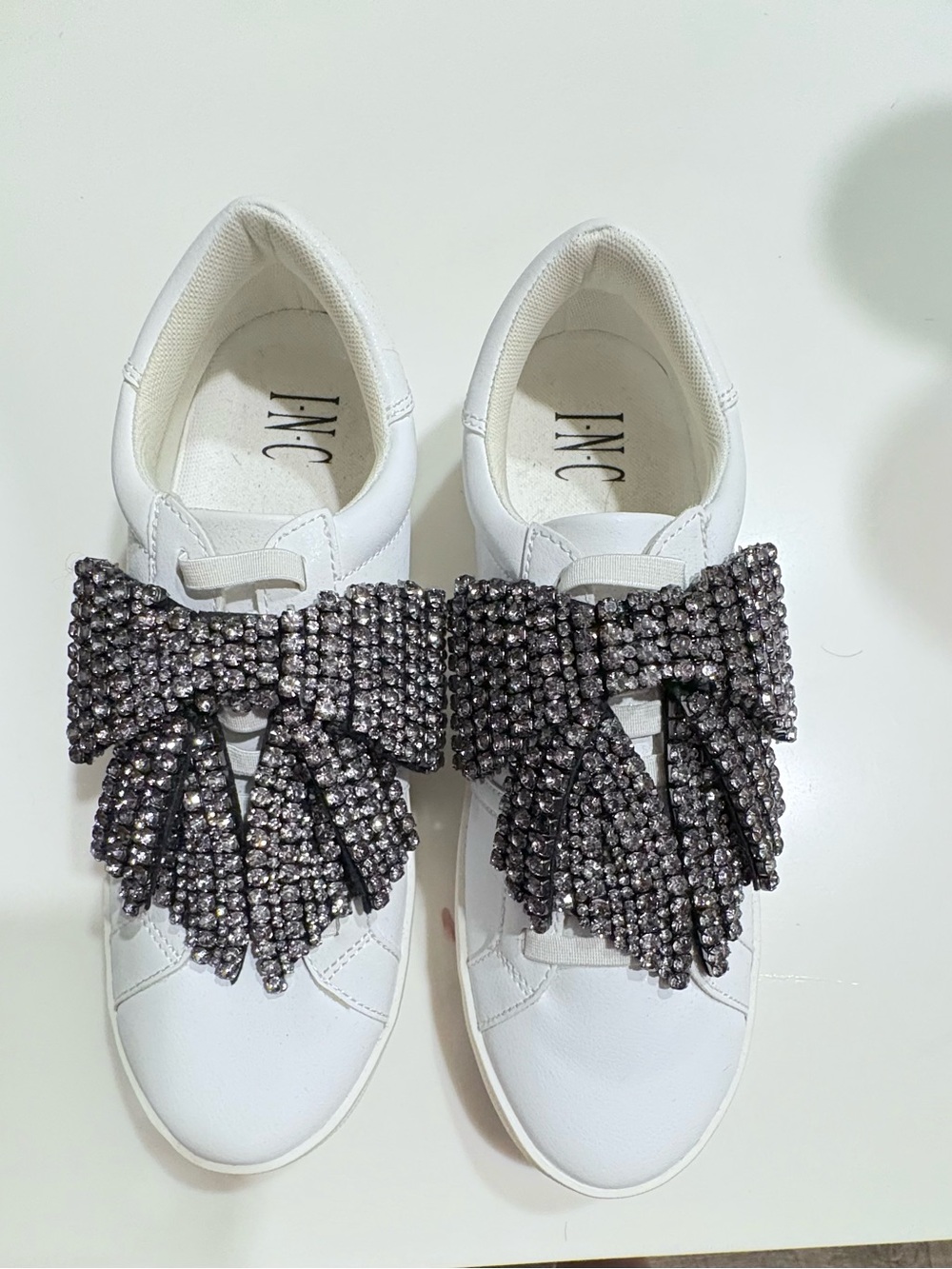 INC White Leather Sneakers with Crystal Bow Accents